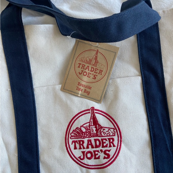 NWT Large Trader Joe's Shopping Tote Bag Book Bag Cotton Canvas Embroided - Picture 3 of 3